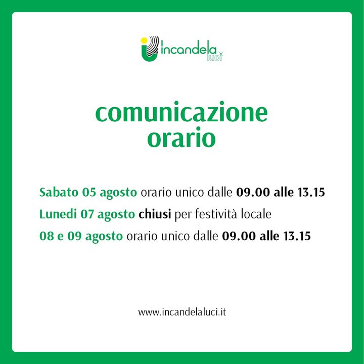 ❗ Comunicazione orario ❗

Comunichiamo ai nostri cari clienti che:

Sabato 5